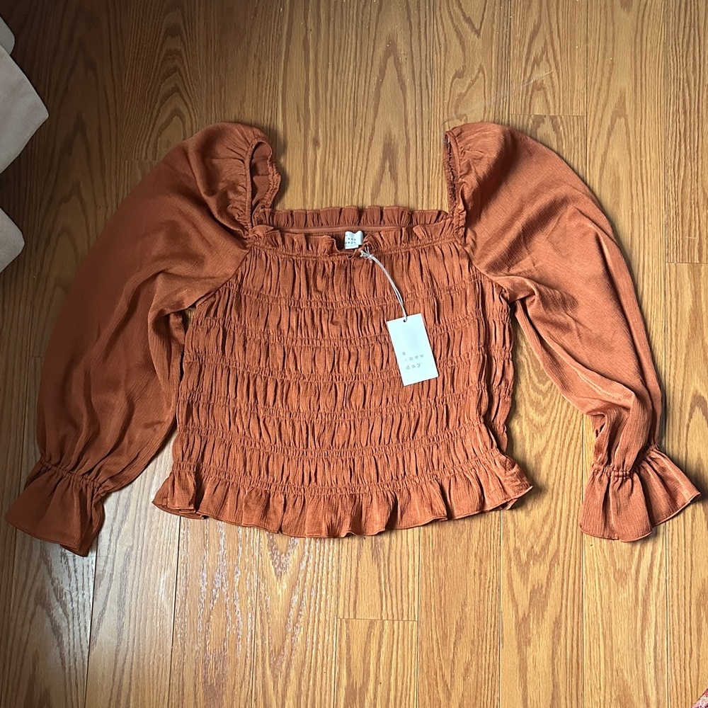 A New Day Terracotta Smocked Blouse Sz L NWT